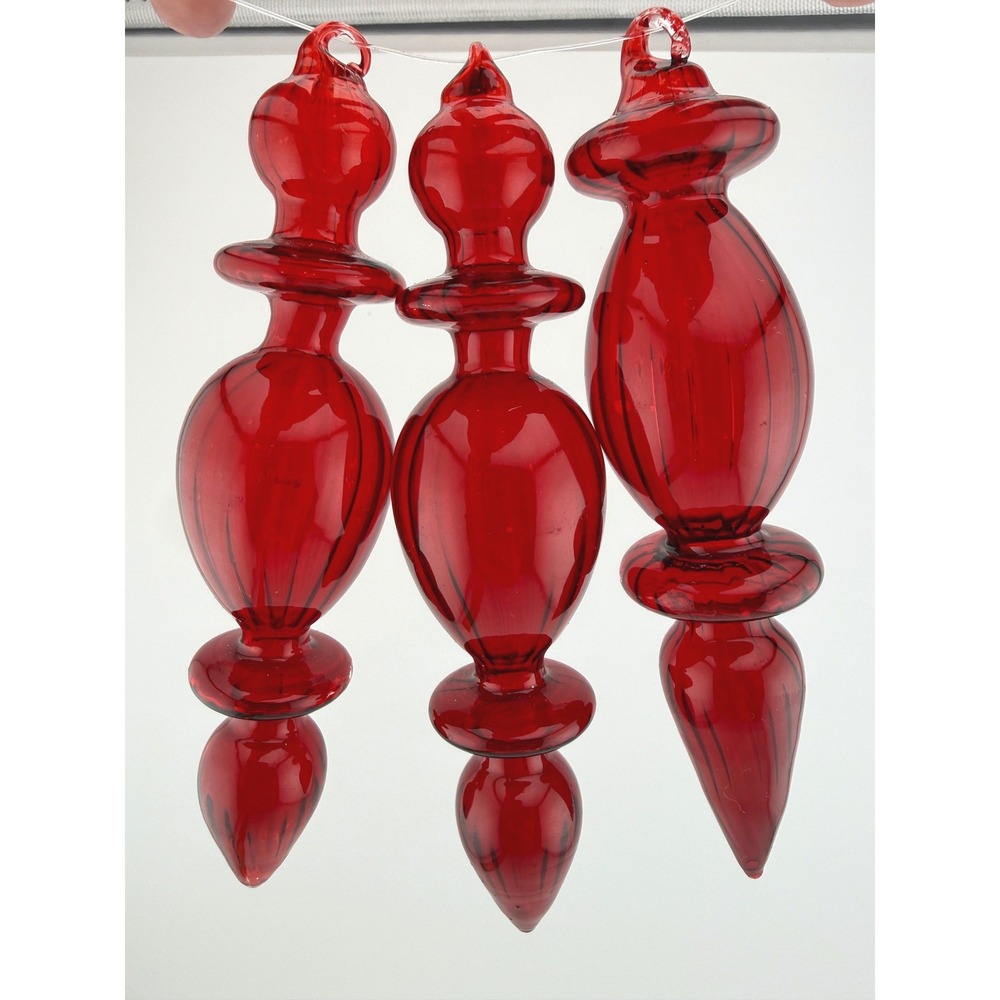 3 Blown Glass Finial Ornaments 5.5" Red Christmas Tree Tiered Spindle Victorian